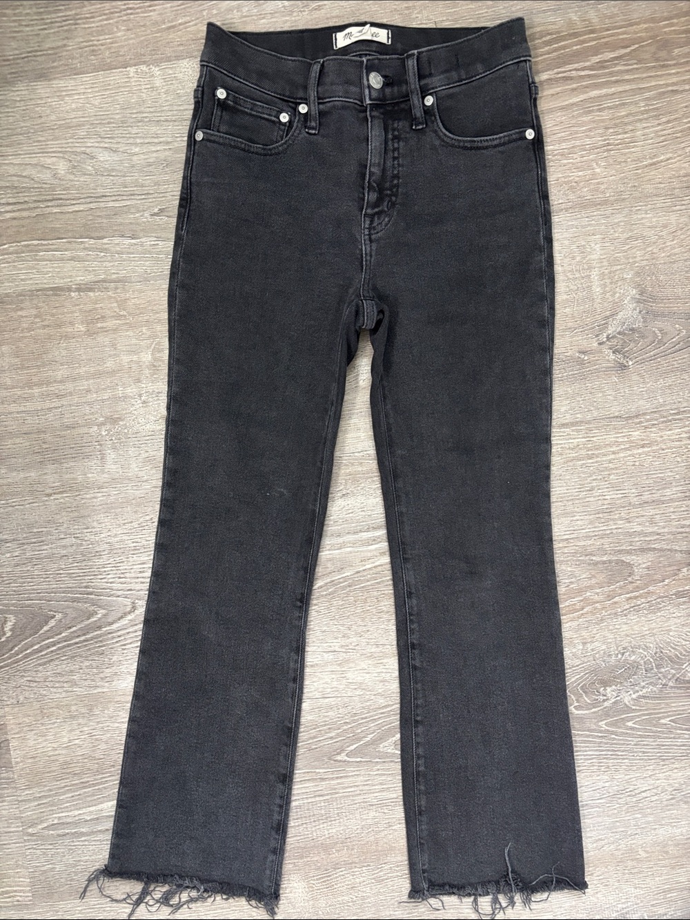 Madewell Cali Demi Boot Jeans High-Rise Women Sz 26 Black Wash Raw Distress Hem